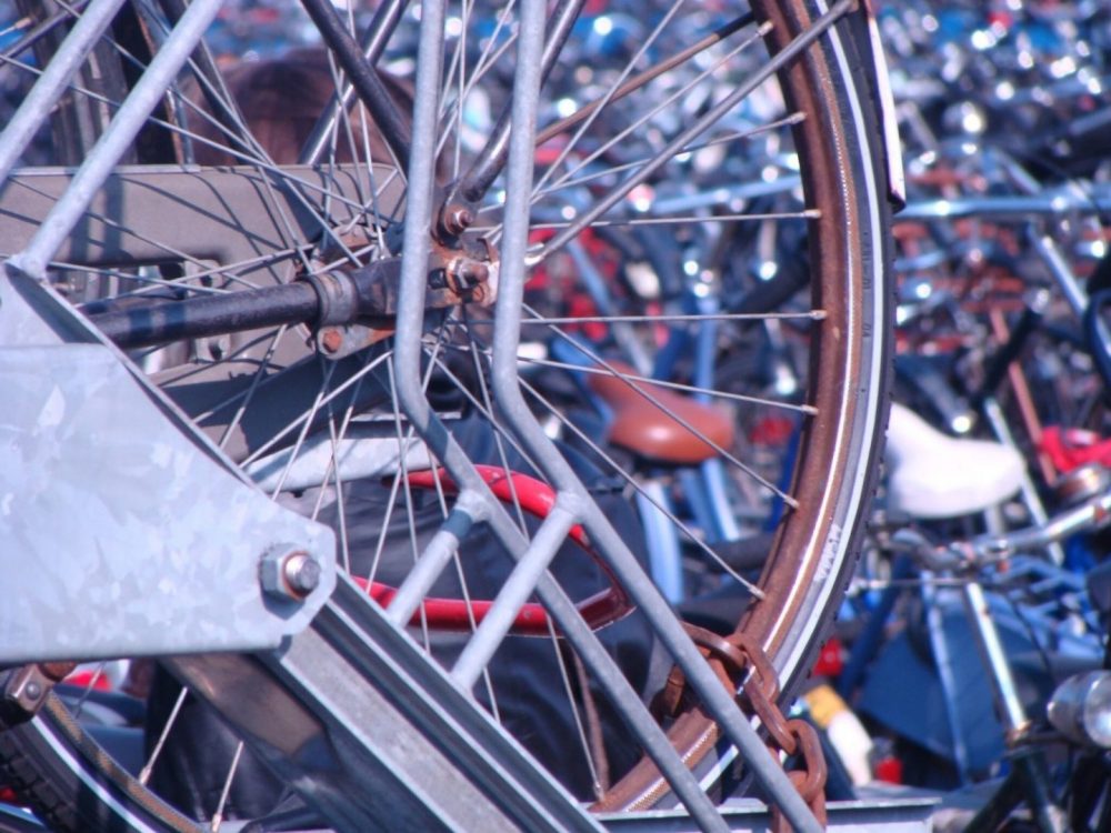 Bicycles parked at the ferry landing in Amsterdam.