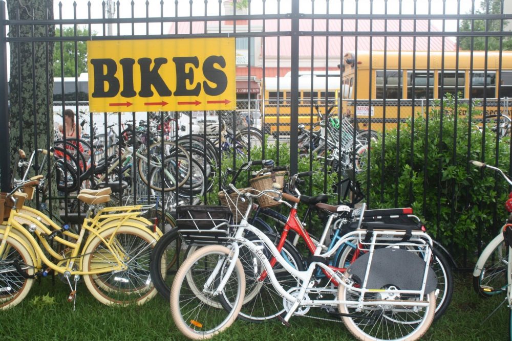 Bicycles parked outside the New Orleans Jazz and Heritage Festival in April.